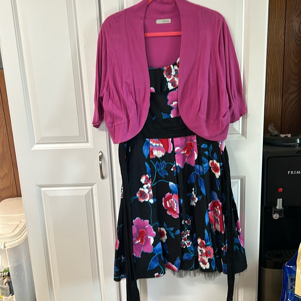 This is a two-piece dress with short sleeve light knit sweater to match. New 16.